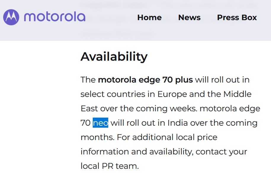 Motorola Edge 70 Neo India Launch confirmation in Motorola Press Release Motorola Edge 70 Neo India Launch confirmation in Motorola Press Release