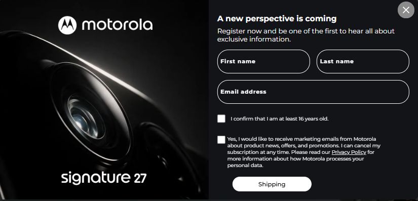 Motorola Signature 27 sign-up pop-up on official Belgium website Motorola Signature 27 sign-up pop-up on official Belgium website