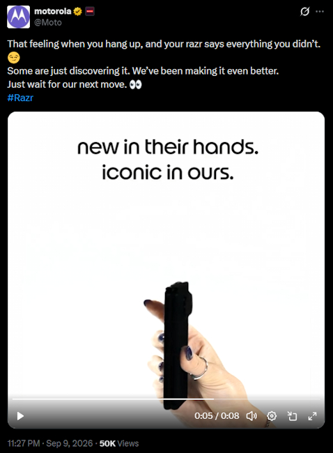X post screenshot of Motorola officially teasing a wide Razr foldable phone