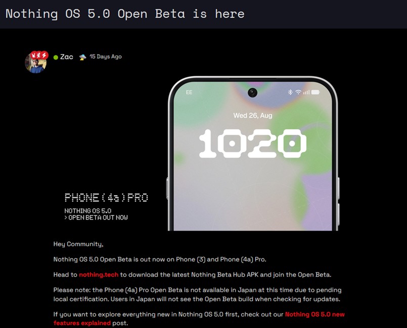 Nothing OS 5.0 open beta for Phone 4a Pro announcement on Community Nothing OS 5.0 open beta for Phone 4a Pro announcement on Community