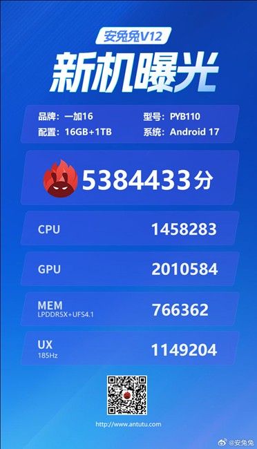 OnePlus 16 AnTuTu V12 score with individual parameter scores and specifications OnePlus 16 AnTuTu V12 score with individual parameter scores and specifications