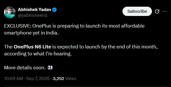 Abhishek Yadav X post screenshot revealing OnePlus N6 Lite details