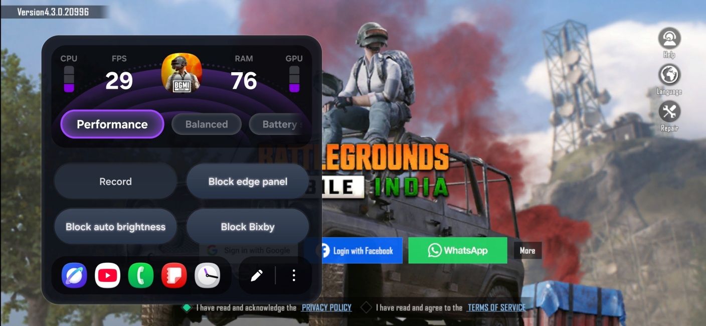 One UI 9.0 with game booster panel overlay screen while playing BGMI