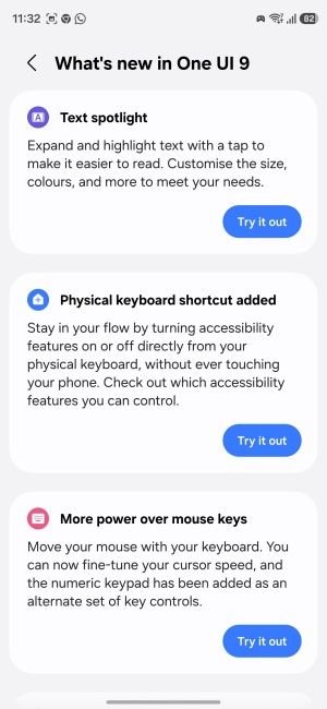 New accessibility feature settings page on One UI 9.0