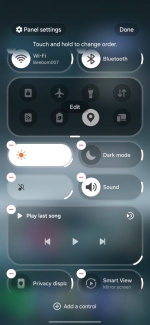One UI 9.0 with Quick settings editing screen