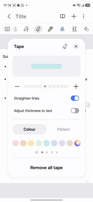 Tape feature customisation options screen on Samsung on One UI 9.0