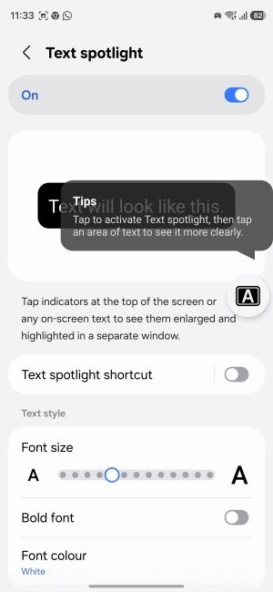 New Text spotlight accessibility feature screen on One UI 9.0