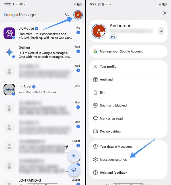 Open Google Messages Settings