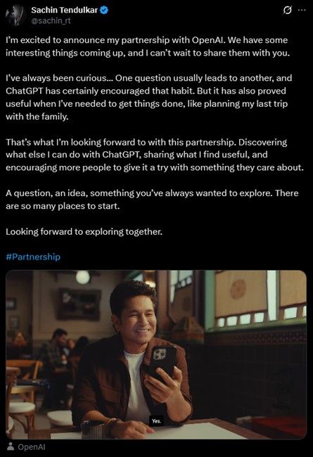 OpenAI Sachin Tendulkar partnership post