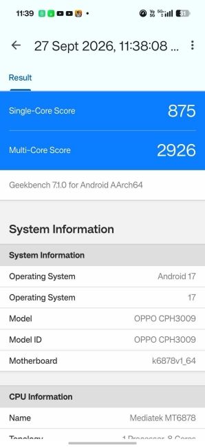 Oppo K14 Plus Geekbench 7 Benchmark Screenshot