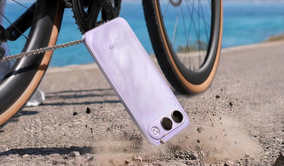 Oppo K15s falling on the ground in purple colourway