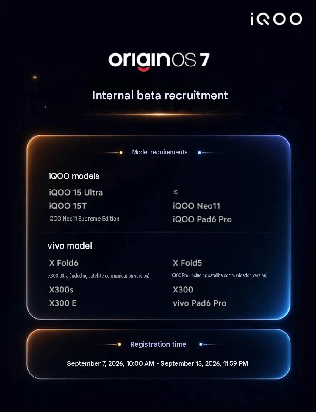 OriginOS 7 beta recruitment devices list from Vivo and iQOO