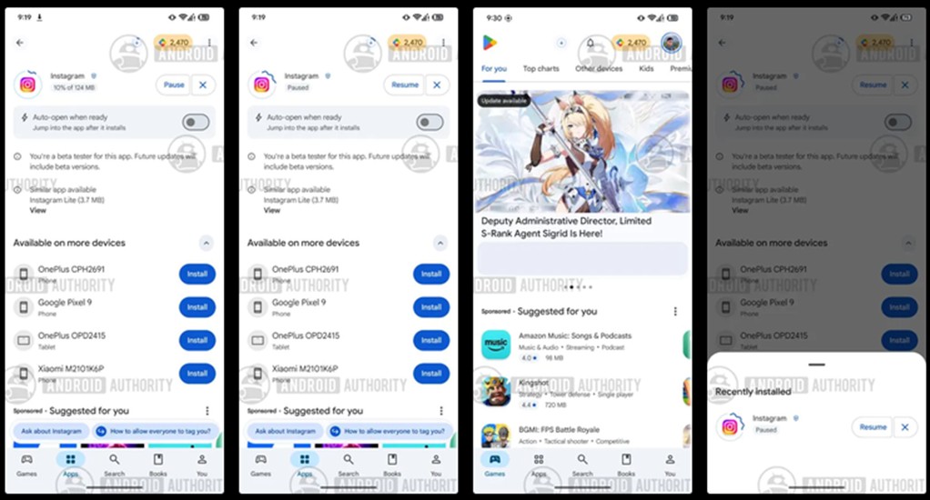 Google Play store app download pause and resume options