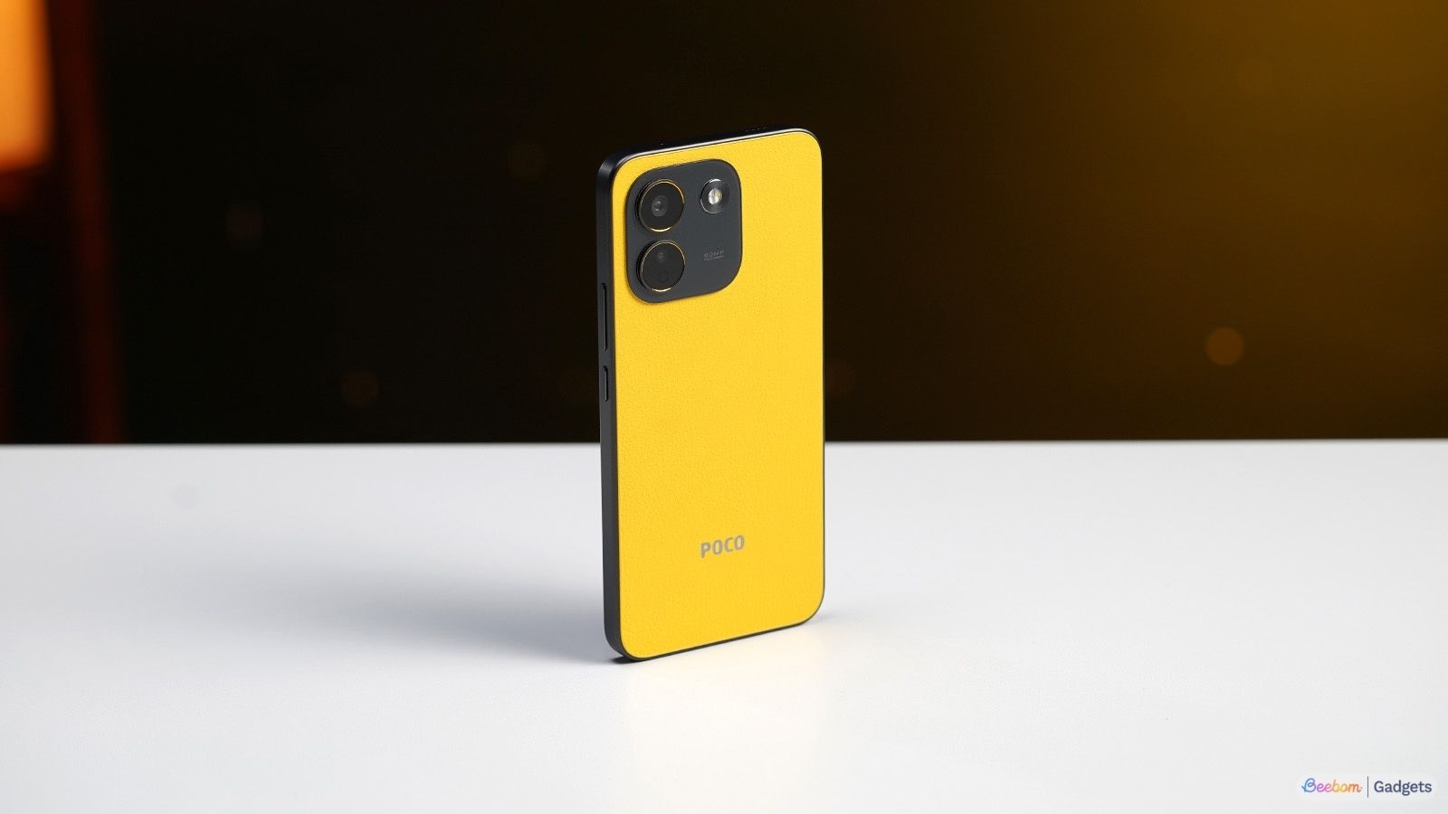 Poco X8 Power back design showcased while it's standing upright on a table