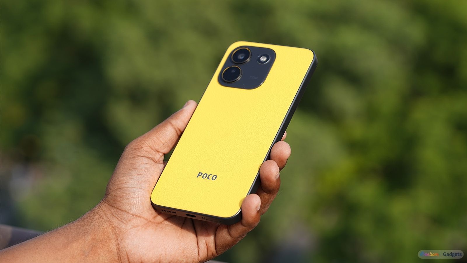 Poco X8 Power yellow in hand back design showcased