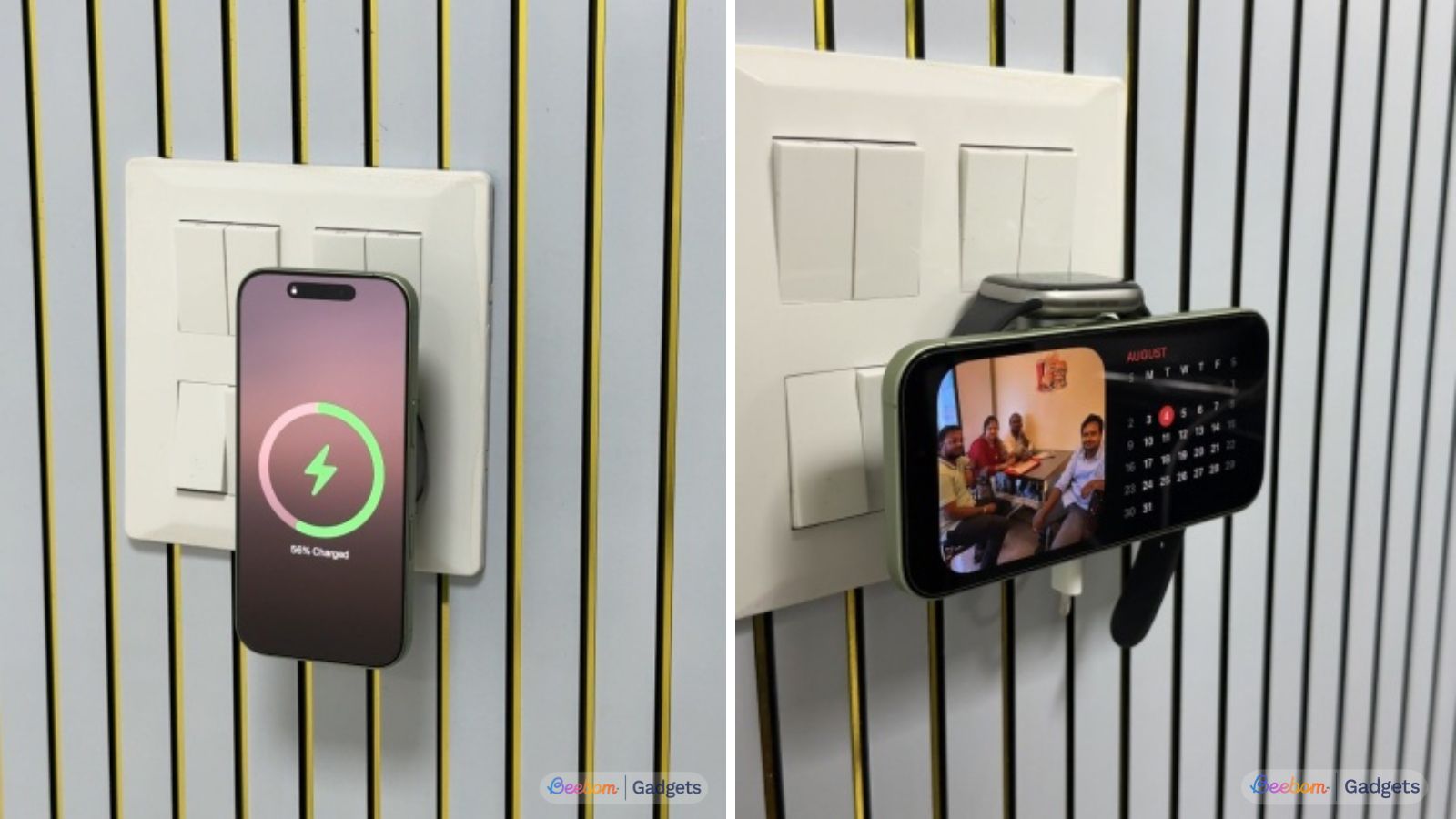 PowerBug wireless charger plugged in with iPhone charging PowerBug wireless charger plugged in with iPhone charging