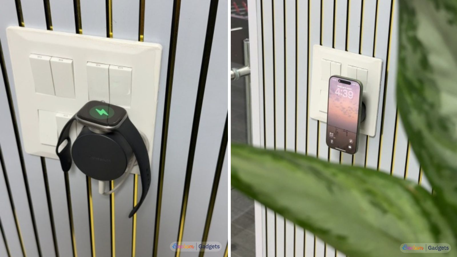 PowerBug wireless charger on the wall charging iPhone and Apple Watch simultaneously PowerBug wireless charger on the wall charging iPhone and Apple Watch simultaneously
