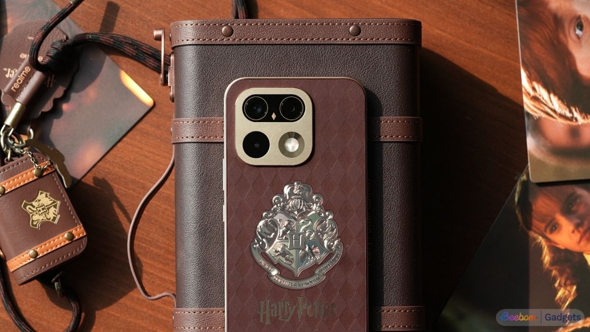 close up shot of Realme 16 Pro Harry Potter Edition showing the back design and logo close up shot of Realme 16 Pro Harry Potter Edition showing the back design and logo