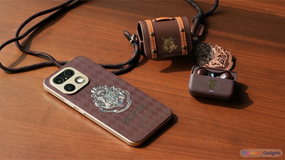 shot of Realme 16 Pro Harry Potter Edition alongside buds shot of Realme 16 Pro Harry Potter Edition alongside buds