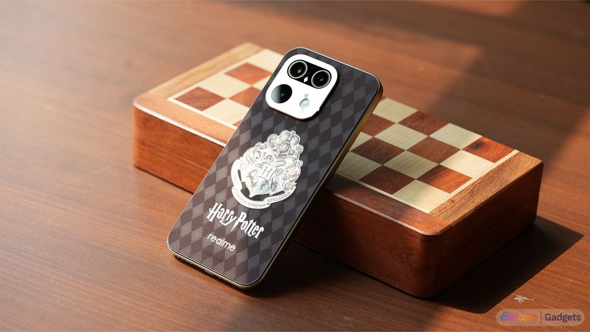 shot of Realme 16 Pro Harry Potter Edition showing the back design alongside a chessboard shot of Realme 16 Pro Harry Potter Edition showing the back design alongside a chessboard