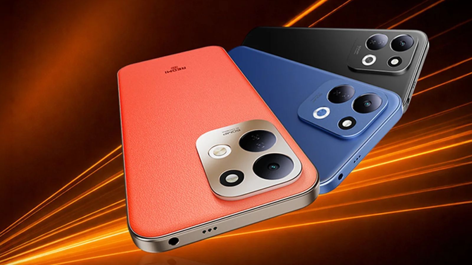 Redmi 17 5G back design showcased in orange, blue and black colourways