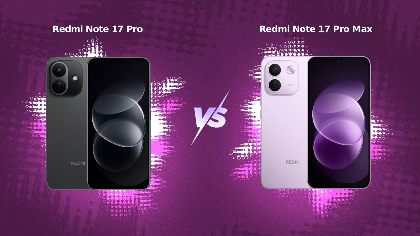 illustration showing Redmi Note 17 Pro and Redmi Note 17 Pro Max phones side by side on top of a dark magenta background