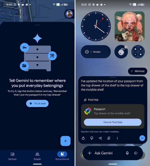 Remembered tab in Google Find Hub with Gemini integration