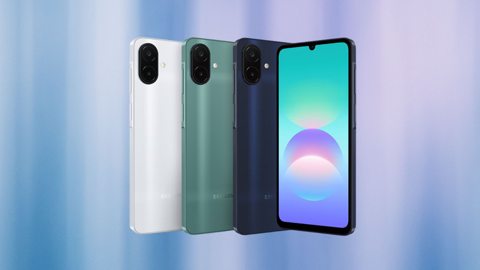 banner of Samsung Galaxy A08 in front of a gradient background
