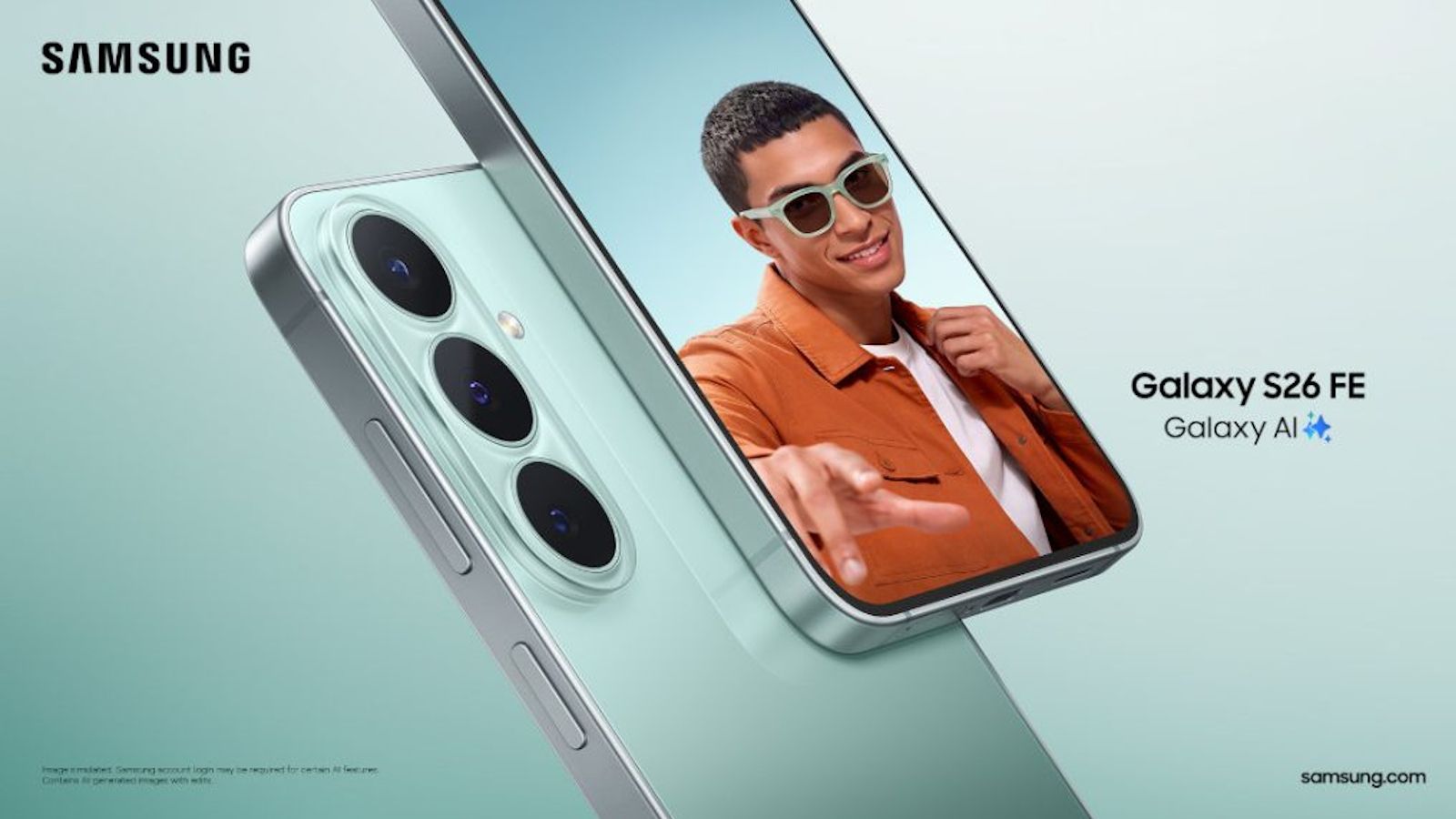 Samsung Galaxy S26 FE front and back design showcased in green Samsung Galaxy S26 FE front and back design showcased in green