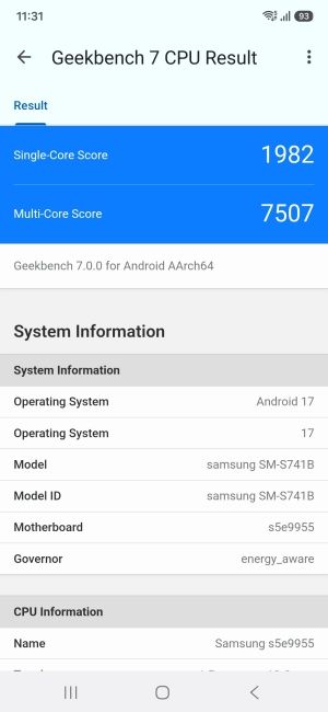 Samsung Galaxy S26 FE Geekbench 7 benchmark screenshot Samsung Galaxy S26 FE Geekbench 7 benchmark screenshot