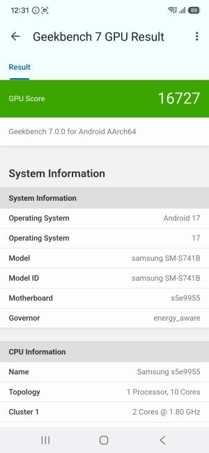 Samsung Galaxy S26 FE Geekbench 7 GPU benchmark screenshot Samsung Galaxy S26 FE Geekbench 7 GPU benchmark screenshot