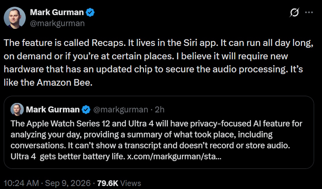 Recaps AI Apple Watch Series 12 feature leaked