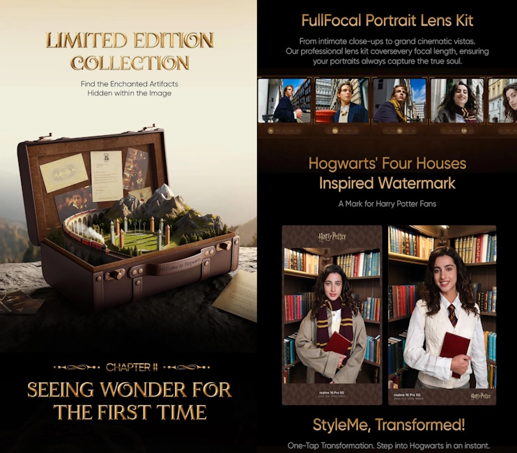 Realme 16 Pro Harry Potter Edition box contents and camera filters