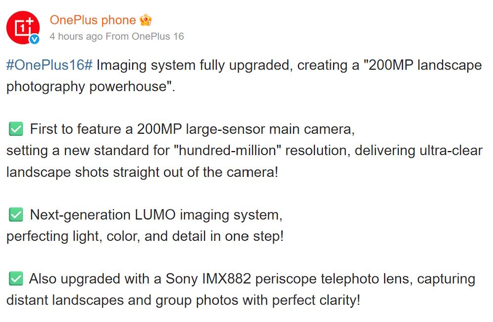 OnePlus 16 camera specs