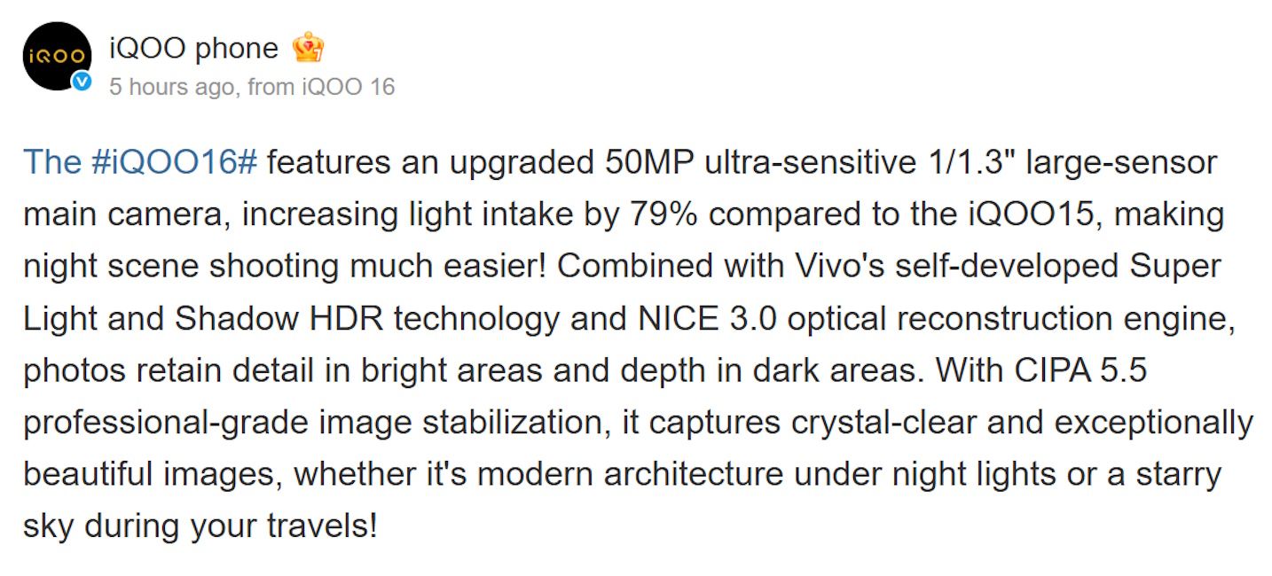 iQOO 16 camera details