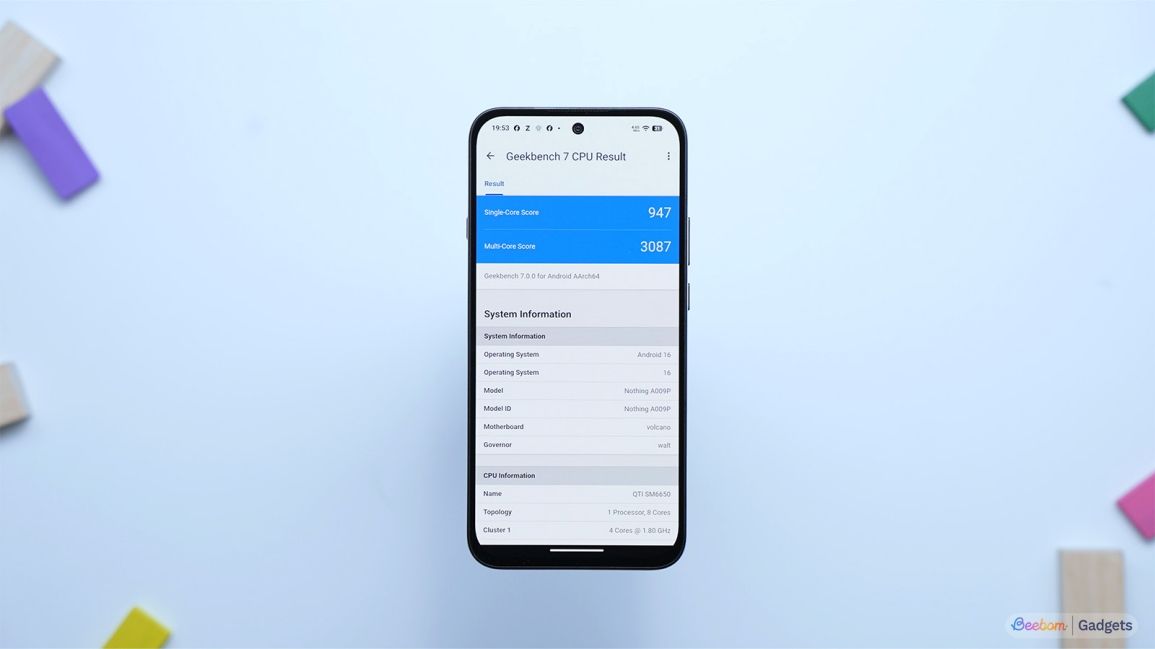 image of a phone showing geekbench 7 result of snapdragon 6 gen 4