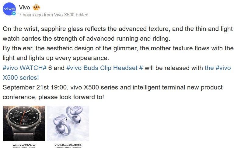 Vivo Watch 6 and Buds Clip wearables 
