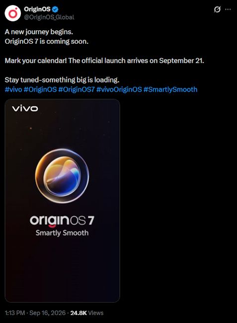 OriginOS 7 official global launch date X post screenshot
