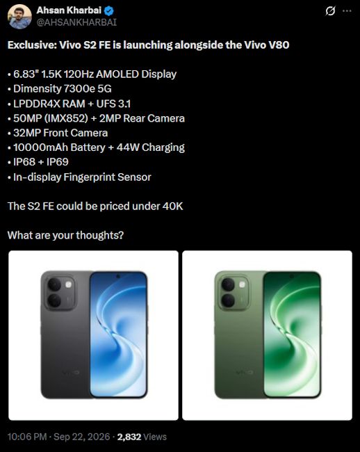 Screenshot of an X post leaking the Vivo S2 FE specs
