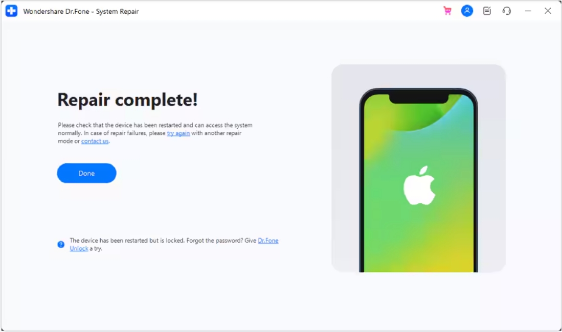 Wondershare Dr.Fone iOS Repair Toolkit Repair Complete page