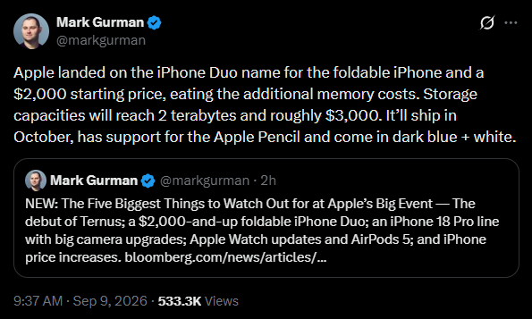 iPhone Duo name and pricing tipped in X post screenshot