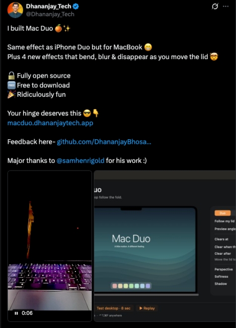 X post showing an app for iPhone Duo like animation on MacBook 