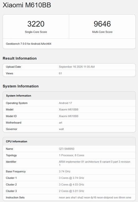 Xiaomi 18 Pro Geekbench Score Snapdragon 8 elite Gen 6 Xiaomi 18 Pro Geekbench Score Snapdragon 8 elite Gen 6
