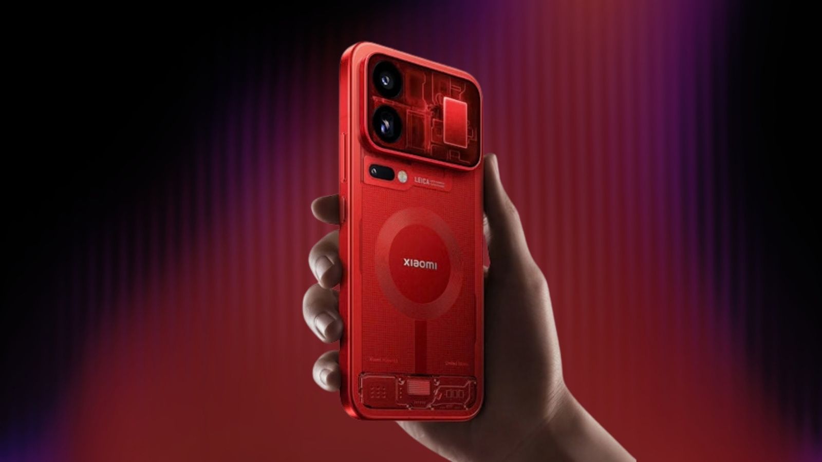 Xiaomi 18 Pro Max back design showcased in a transparent red finish