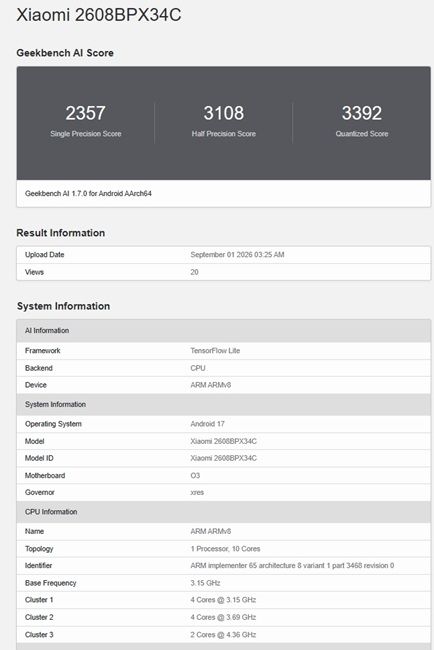 geekbench ai result of xring o3 chipset on the cpu backend