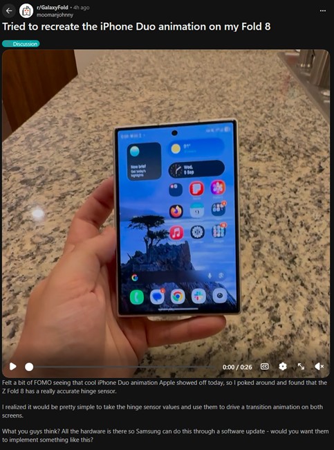 Reddit post showcasing iPhone Duo animation on Galaxy Z Fold 8