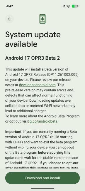 screenshot showing Android 17 QPR3 Beta 2 update screen on Pixel phone