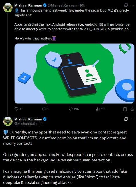 Android Contacts Write Contact permission