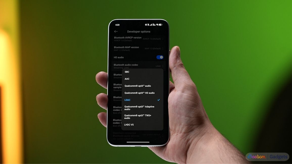 Selecting LDAC as Bluetooth audio codec from Android's developer options screen