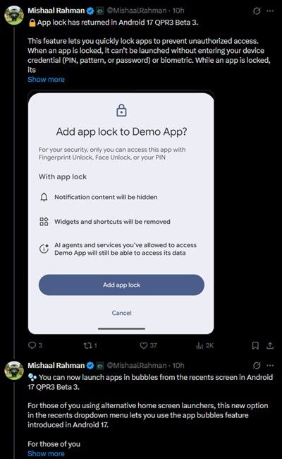 App Lock Android 17 QPR3 Beta 3 update